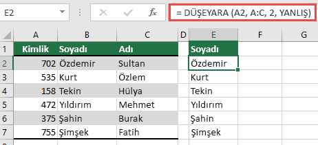 Tek bir arama_değeri referansıyla geleneksel VLOOKUP’ı kullanın: =VLOOKUP(A2,A:C,32,FALSE). Bu formül dinamik bir dizi döndürmez, ancak Excel tablolarıyla kullanılabilir.