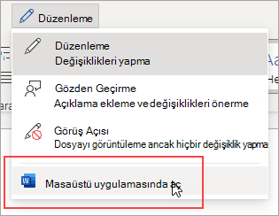 Masaüstü Uygulamasında Aç komutunun görüntüsü