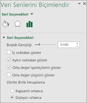 Windows için Office 2016'da Kutu ve Yatay Çizgi grafik seçeneklerinin gösterildiği Veri Serisini Biçimlendir görev bölmesi