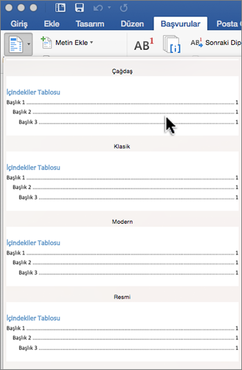 Başvurular sekmesinde İçindekiler Tablosu’na tıklayın ve ardından galeriden bir Otomatik İçindekiler Tablosu stili seçin