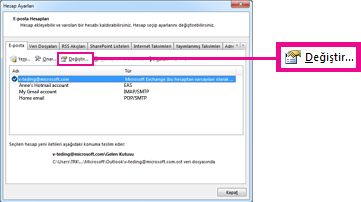 Hesap Ayarları iletişim kutusunda Değiştir komutu