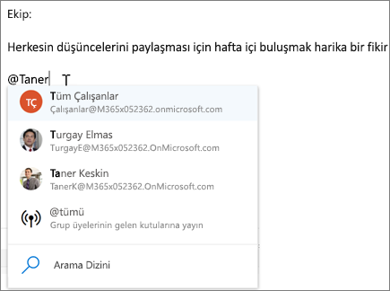 Web üzerinde Outlook’ta @bahsetmeler