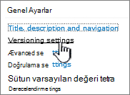 Ayarların altında sürüm oluşturma ayarlarını seçin