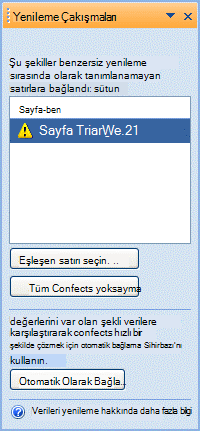 Benzersiz tanımlayıcıdaki bir sorun nedeniyle bağlanamayan şekillerin listelendiği yenileme çakışmaları penceresi.