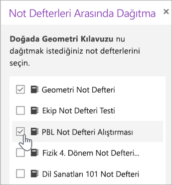 Not Defterleri Arası Dağıtım seçimi penceresi