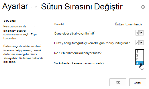 Bir soruda açılan liste vurgulanmış soru sırası değiştir iletişim kutusu