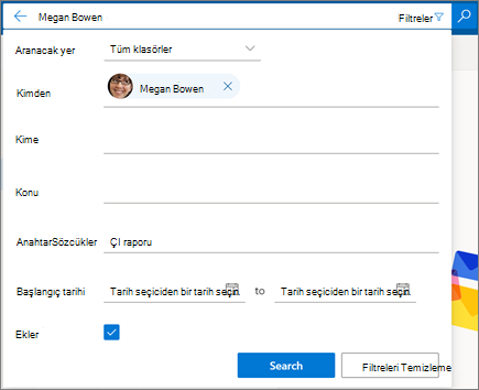 Web üzerinde Outlook 'ta arama filtreleri