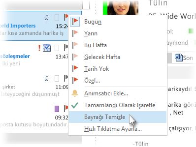 İleti listesinde sağ tıklatma menüsünde Bayrağı Temizle komutu