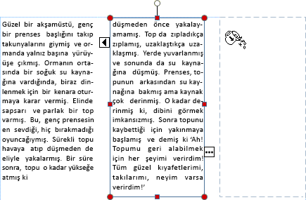 Başka bir metin kutusuna taşmaya hazır taşan metin içeren bir metin kutusunun ekran görüntüsü.