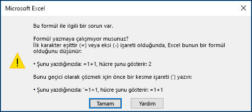 Excel'in "Bu formülle ilgili bir sorun var" iletişim kutusunun resmi