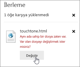 Upload düğmesinin vurgulu olduğu başarısız iletişim kutusu