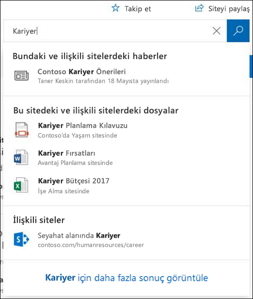 Merkezi bir merkez SharePoint arama sonuçları