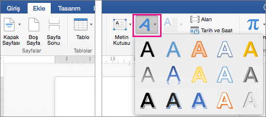 Ekle sekmesinde WordArt seçeneği vurgulanır.