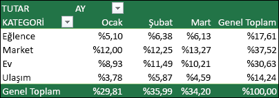 Genel Toplamın yüzdesi olarak görüntülenen Değerlere sahip PivotTable örneği