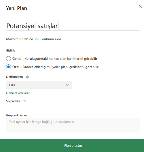 Yeni plan iletişim kutusunu gösteren ekran görüntüsü