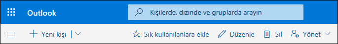 Kişiler komut çubuğunda Yeni kişi, Düzenle, Sil, Sık görüşülenlere ekle ve Yönet eylemlerinin dahil olduğu kullanılabilir seçenekleri gösteren bir ekran görüntüsü.