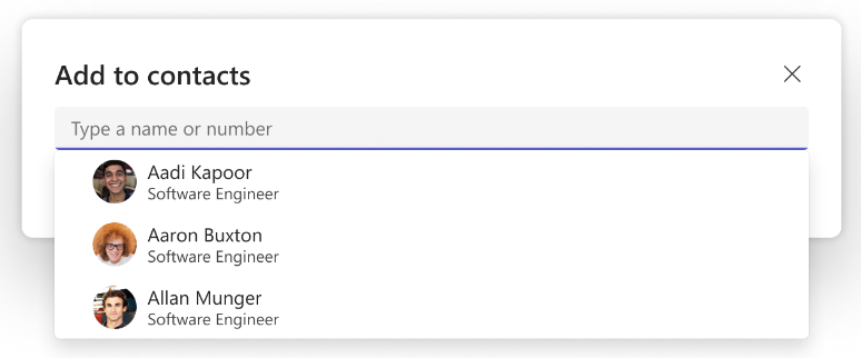 Teams Kişiler Uygulamasında kişilere ekle açılan menüsünün ekran görüntüsü