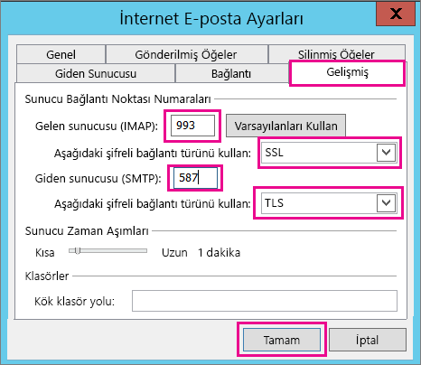 Gelişmiş e-posta ayarlarını girin.