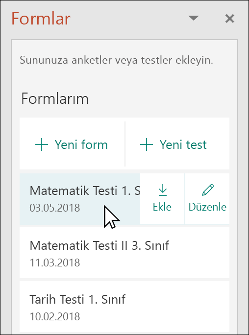 PowerPoint'te Microsoft Forms bölmesinden form veya test ekleme