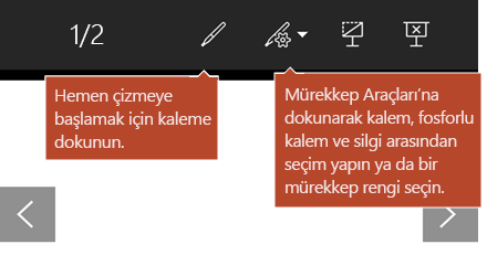 Mürekkep Araçları Slayt Gösterisi görünümünde kullanılabilir.