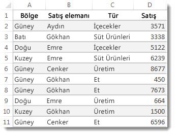 Excel çalışma sayfasındaki veriler