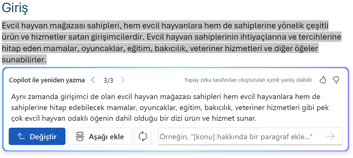 Word’de Copilot için Etkileşimli yeniden yazma istemi ekranını gösterin.