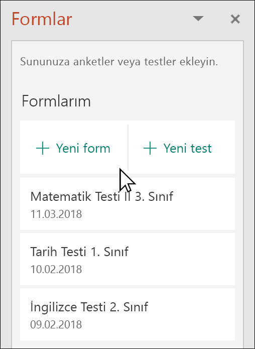 PowerPoint'te Microsoft Forms bölmesi