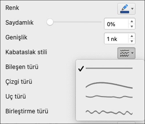 Mac'te Kabataslak stili seçili çizgi biçimi seçenekleri