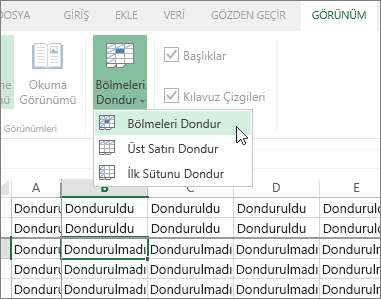 Görünüm sekmesi, Bölmeleri dondurma menüsü, Bölmeleri dondur komutu