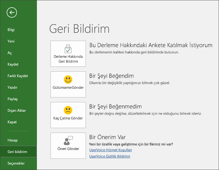 Microsoft Project hakkında öneri veya yorumlarınızı iletmek için Dosya > Geri Bildirim’e tıklayın.