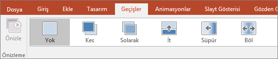 PowerPoint şeridinde Geçişler sekmesi.