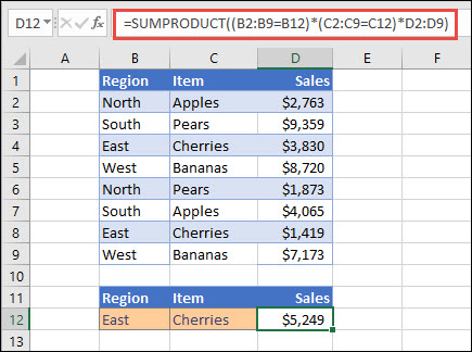Bölgeye göre öğelerin toplamını döndürmek için SUMPRODUCT kullanma sınavı. Bu durumda, Doğu bölgesinde satılan kiraz sayısı.