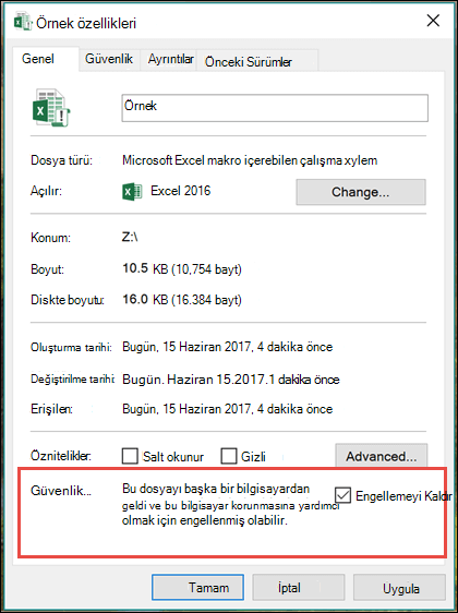 Makroların engelini kaldırmak için Windows Gezgini'nde dosyanıza sağ tıklayın.