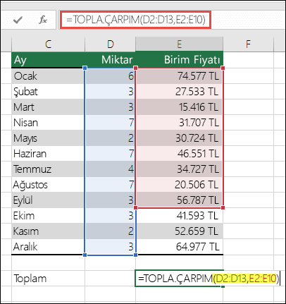 Hataya neden olan TOPLA.ÇARPIM formülü: =TOPLA.ÇARPIM(D2:D13,E2:E10) - ilk aralıkla eşleşmesi için E10'un E13 ile değiştirilmesi gerekir.