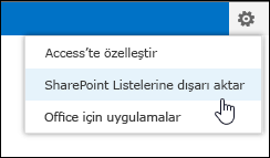 Ayarlar dişli menüsünde SharePoint Listelerine Dışarı Aktar komutu