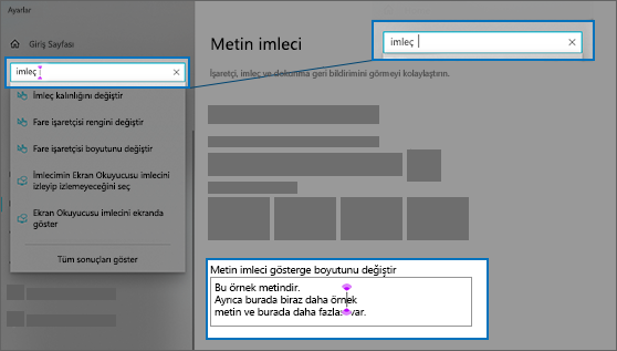 Metin imlecine ait Ayarlar sayfası