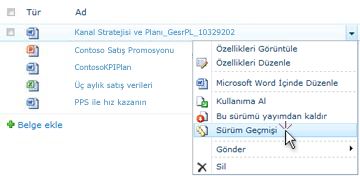 SharePoint dosyası için açılan liste. Sürüm Geçmişi seçildi.