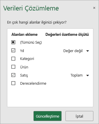 Yeni öneriler almak için dahil etmek ve güncelleştirmek istediğiniz alanları seçin.