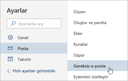 Gereksiz e-postanın seçili olduğu Ayarlar menüsünün ekran görüntüsü