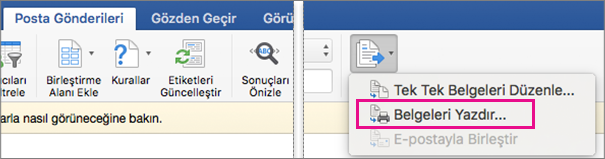 Posta Gönderileri sekmesinde Bitir ve Birleştir ve Belgeleri Yazdır seçeneği vurgulanmış