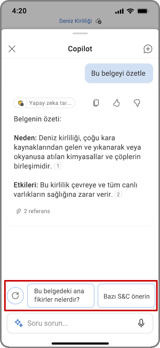 Özet sonuç ve önerilen sorular vurgulanmış olarak iOS cihazda Word'de Copilot'un ekran görüntüsü