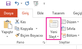 Yeni Slayt seçeneği Giriş sekmesindedir.