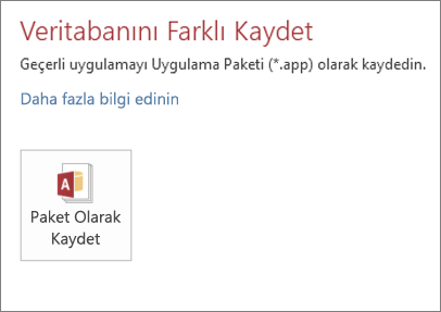 Şirket içi Access uygulaması için Farklı Kaydet ekranındaki Paket Olarak Kaydet seçeneği