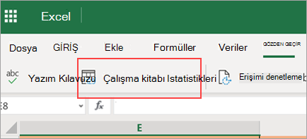 Çalışma kitabı istatistikleri menü seçeneğini gösterir