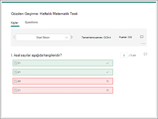 Testlerin yanıtlarını gözden geçirin.