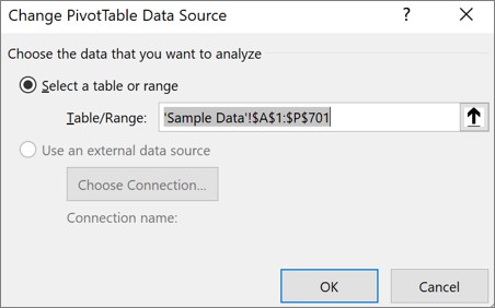 PivotTable Veri Kaynağını Değiştir iletişim kutusu