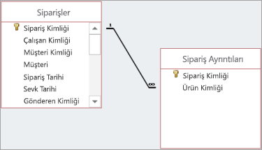 İlişkiler, üst öğe ve alt öğe alanları arasına çekilen çizgilerle gösterilir.