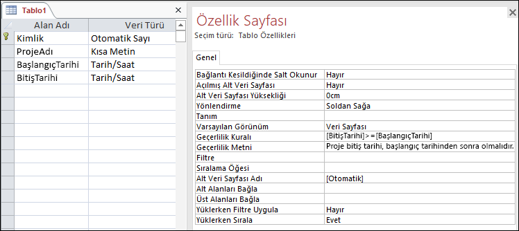 Access tablo tasarımcısında tablo geçerlilik kuralı.