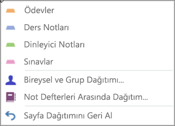 Ödevler, Sınıf Notları, Dinleyici Notları, Testler, Bireysel ve Grup Dağıtımı, Not Defterleri Arasında Dağıtma ve Sayfa Dağıtımını Geri Al seçenekleriyle Sayfaları Dağıt Açılan Listesi.