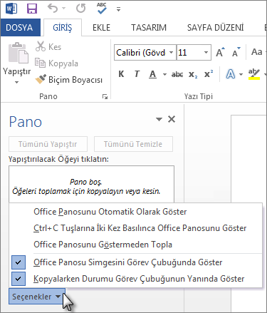 Office Panosu görev bölmesinde yapabileceğiniz şeyler